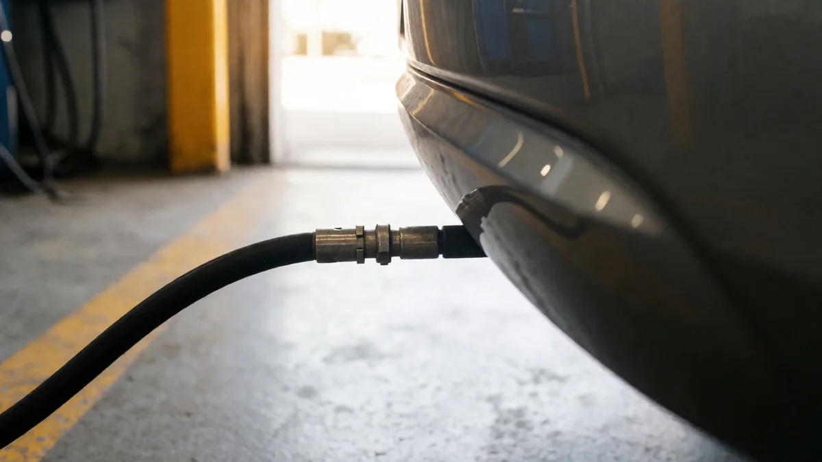Primer plano de una sonda de gases metida en el caño de escape de un auto, con el paragolpes desenfocado y piso de hormigón.