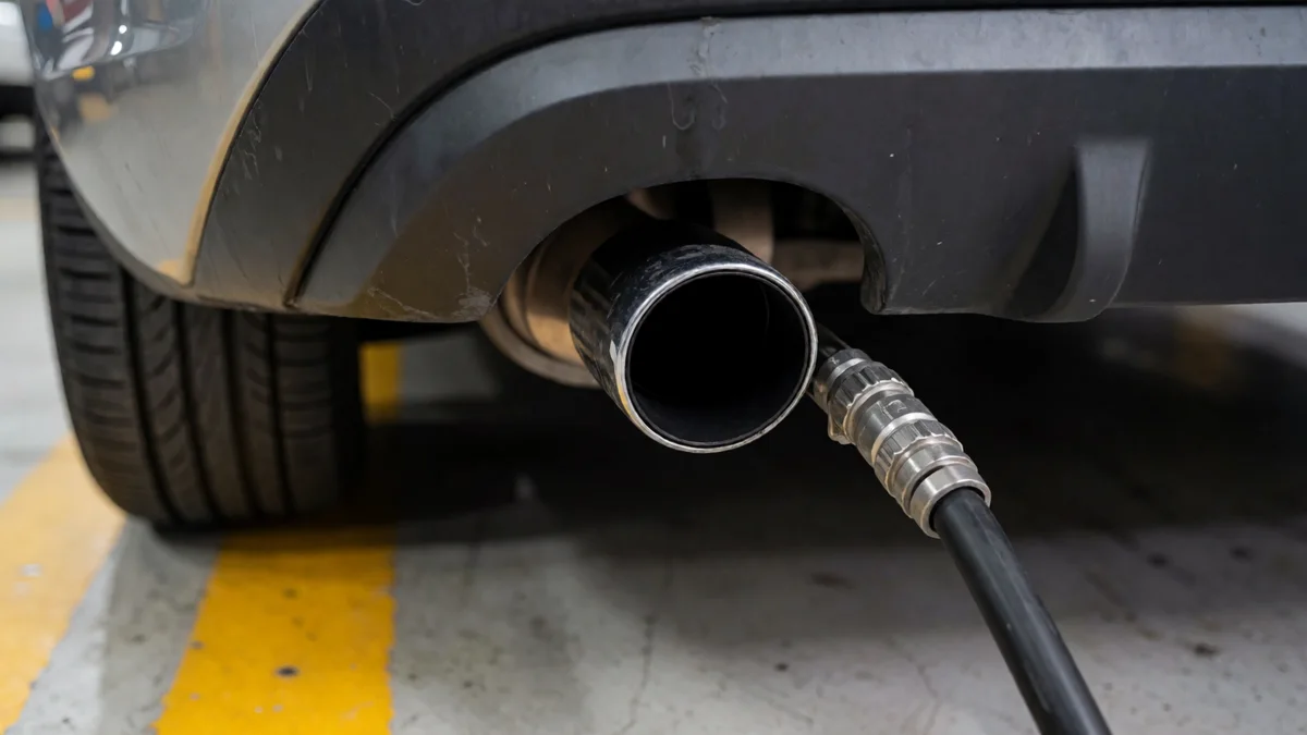 Sonda de analizador de gases introducida en el caño de escape de un auto en una planta de verificación.