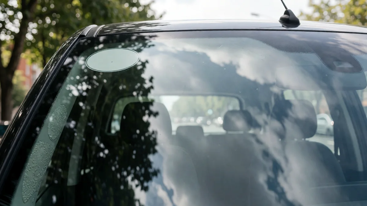 Parabrisas de un auto con una oblea ovalada en blanco y el frente de un galpón de verificación desenfocado al fondo.