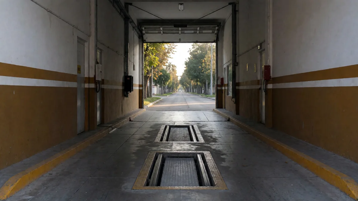 Nave de verificación técnica vacía con banco de rodillos y fosa de inspección, con el portón abierto a una avenida arbolada.