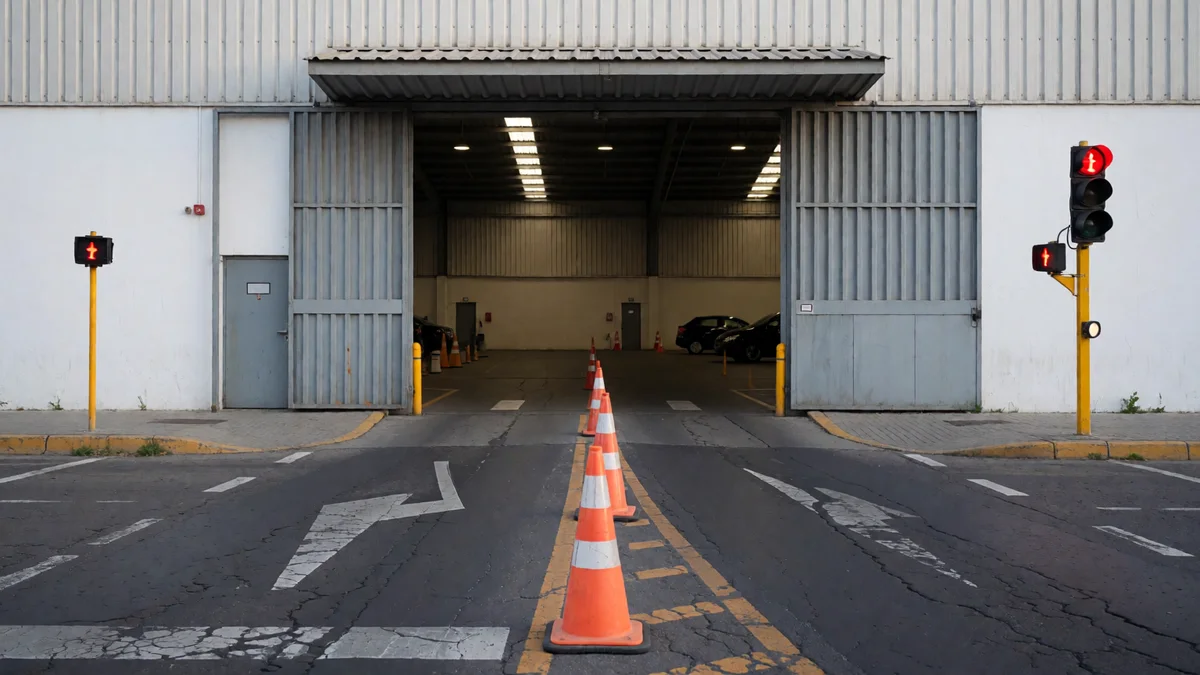 Carril de acceso a una planta de verificación técnica con conos naranjas y el portón de chapa abierto sobre una avenida del conurbano.