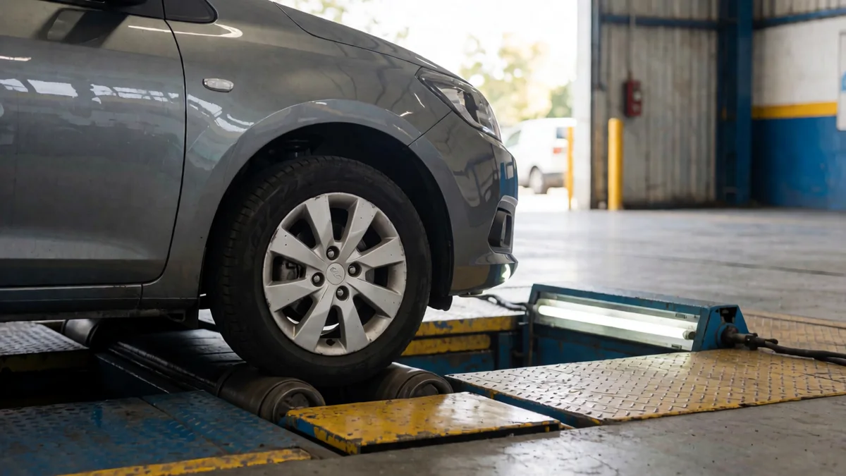 Rueda delantera de un auto gris sobre los rodillos de un frenómetro, junto a la fosa iluminada de una línea de verificación técnica