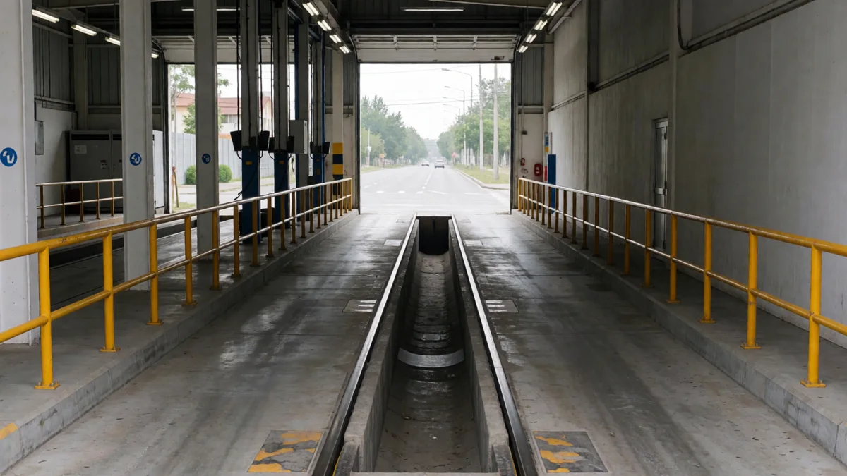 Nave de verificación técnica vacía con banco de rodillos y foso de inspección con barandas amarillas.