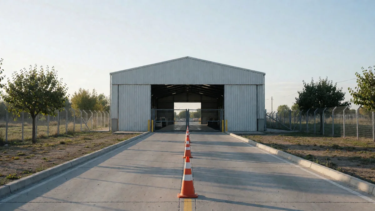 Portón de chapa abierto de un galpón de verificación técnica con carril de acceso marcado con conos naranjas.
