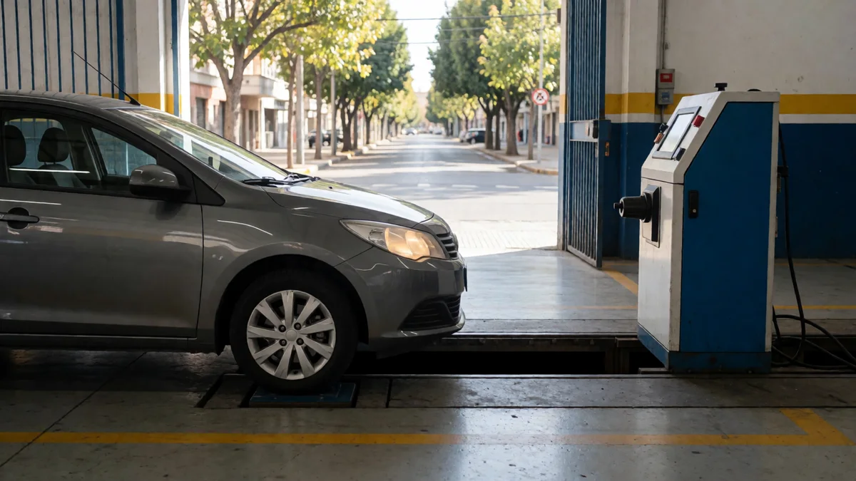 Auto gris visto de costado frente a un regloscopio en una nave de verificación técnica con luz de mañana.