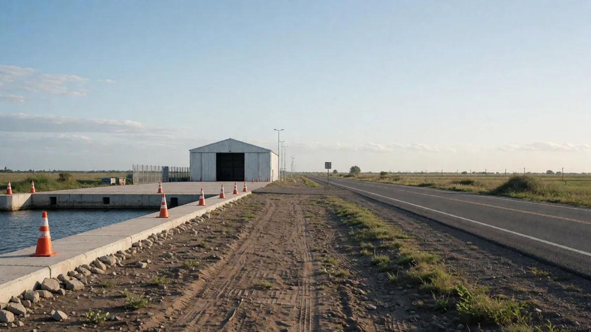 Carril de acceso con conos a una planta de verificación técnica al costado de una ruta pampeana, con campo llano al fondo.