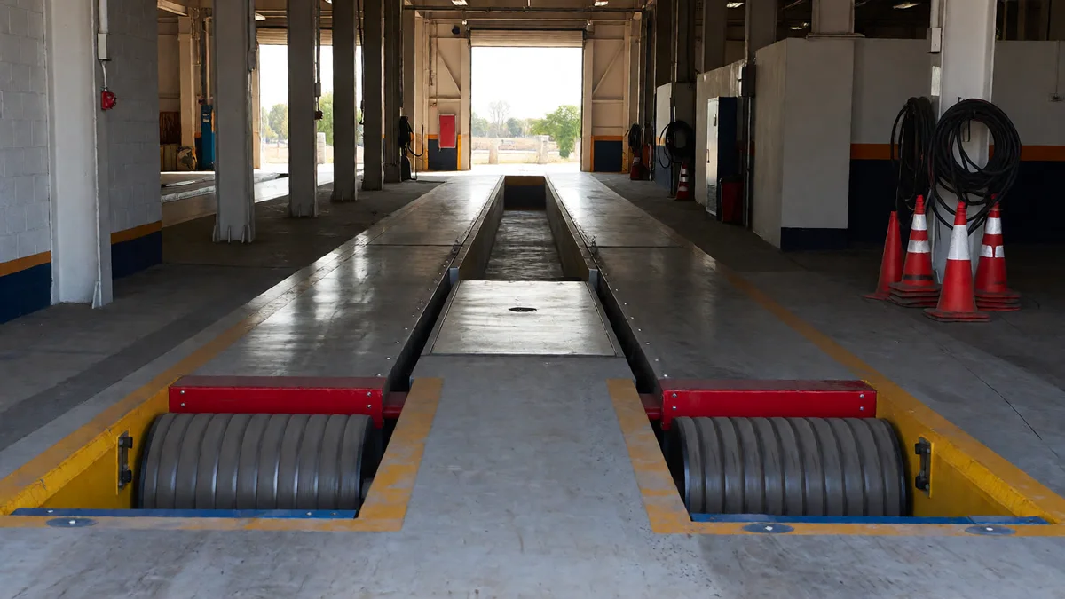 Nave de verificación técnica vacía con los rodillos del frenómetro en el piso y el foso de inspección al fondo, iluminada por el portón abierto.