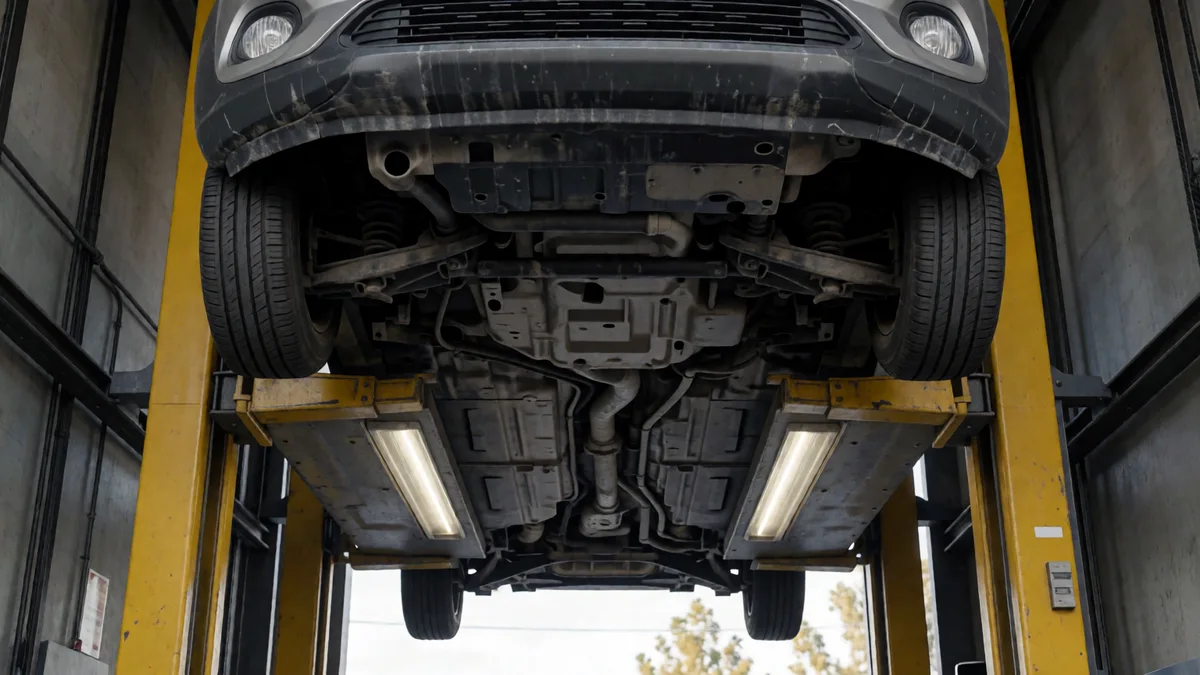 Auto compacto elevado en un elevador de cuatro columnas visto desde abajo en una planta de verificación.