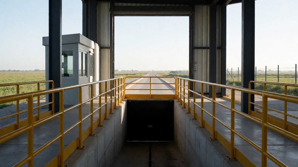 Nave de verificación técnica vacía con fosa de inspección, vista hacia el portón abierto y el campo pampeano.
