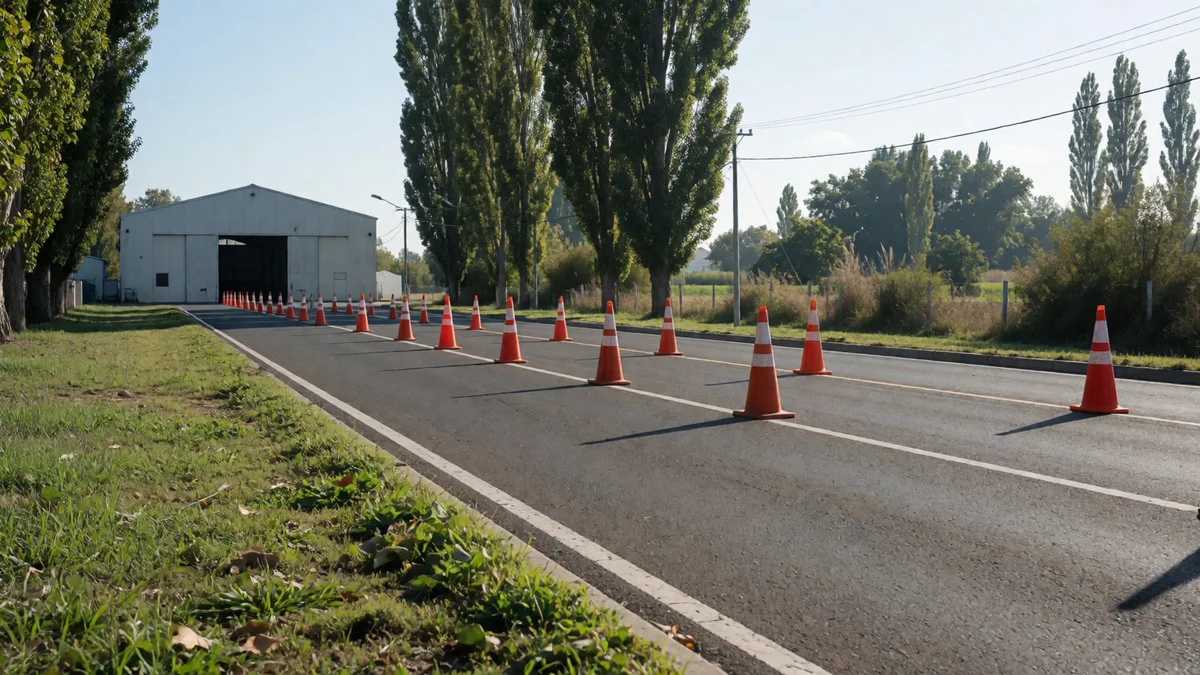Carril de ingreso con conos naranjas hacia un galpón de verificación técnica junto a una ruta pampeana bordeada de álamos.