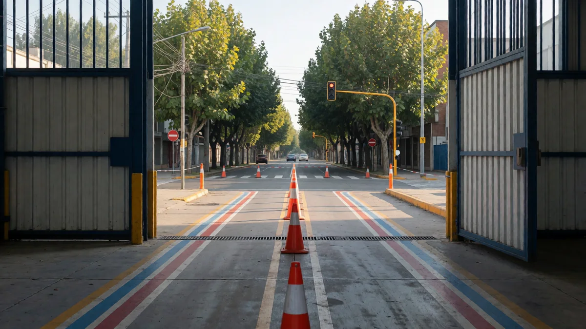 Portón de chapa abierto de un galpón de verificación técnica con carril de acceso y conos sobre una avenida del conurbano.
