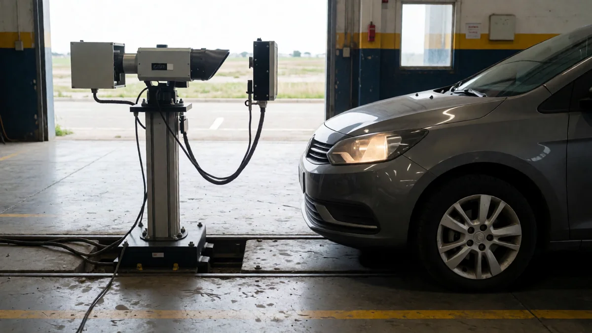 Regloscopio sobre rieles apuntando a los faros de un auto visto de perfil dentro de una planta de verificación técnica.