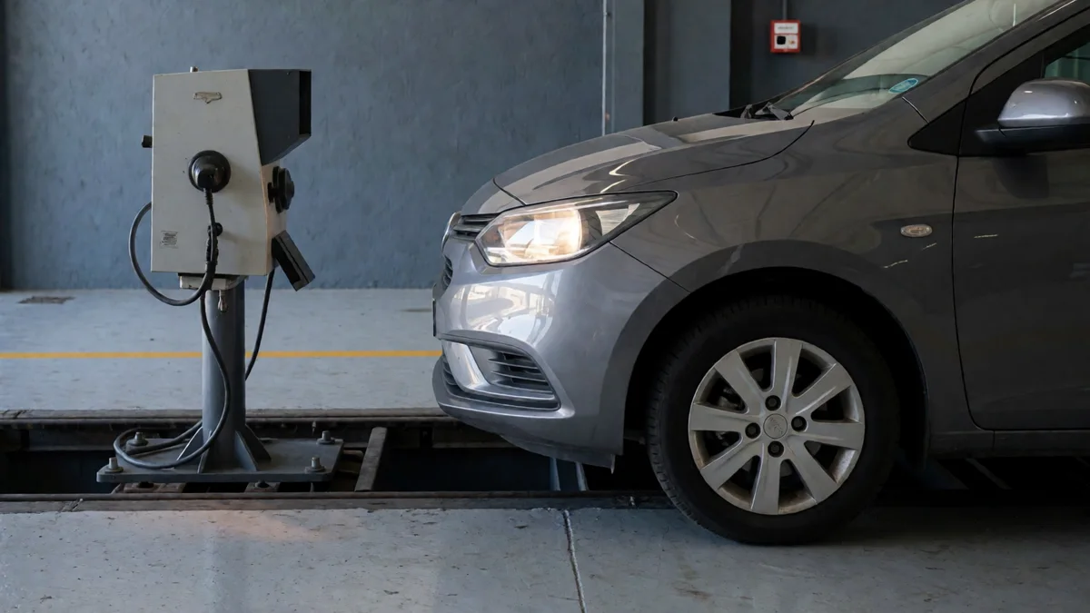 Regloscopio sobre rieles apuntando a los faros de un auto gris visto de costado dentro de una planta de verificación.