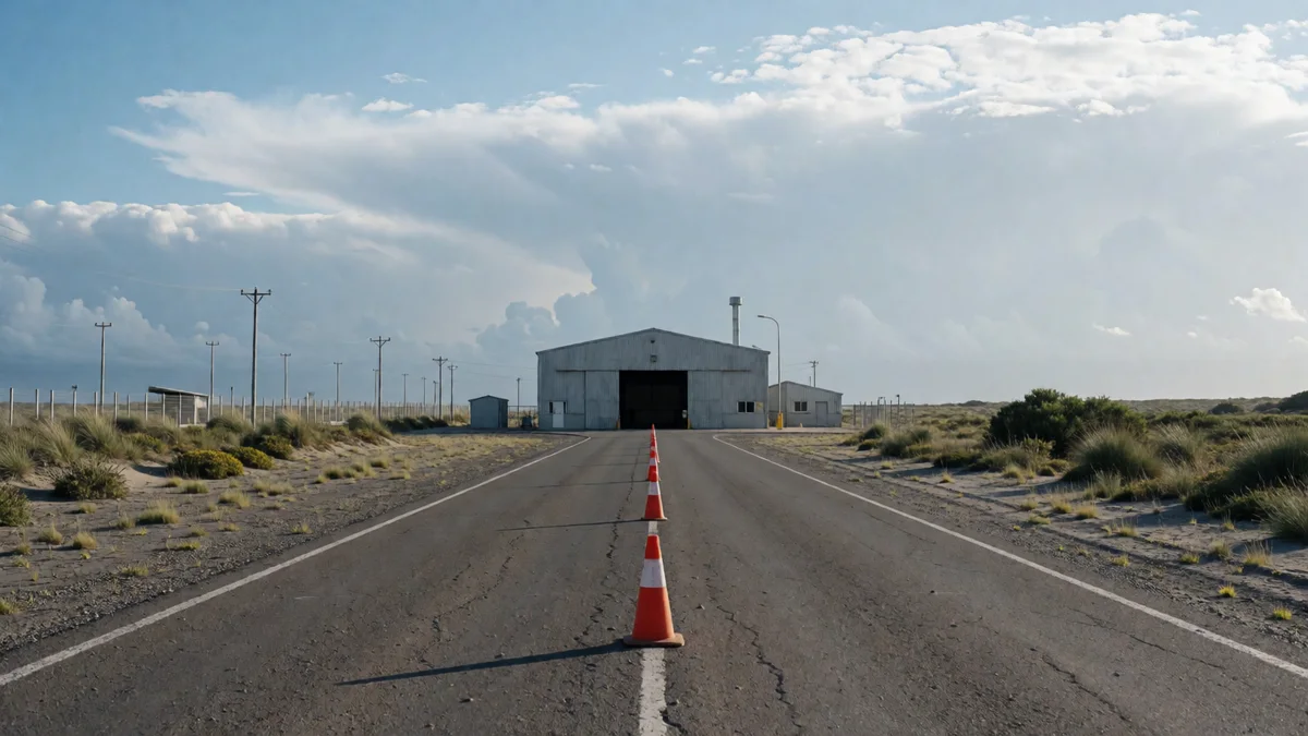 Carril de acceso con conos naranjas hacia un galpón de verificación técnica bajo el cielo amplio de la costa.