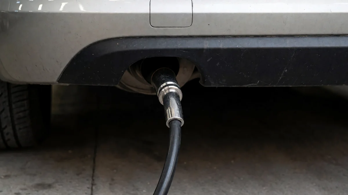 Primer plano de una sonda de gases introducida en el caño de escape de un auto dentro de una planta de verificación.