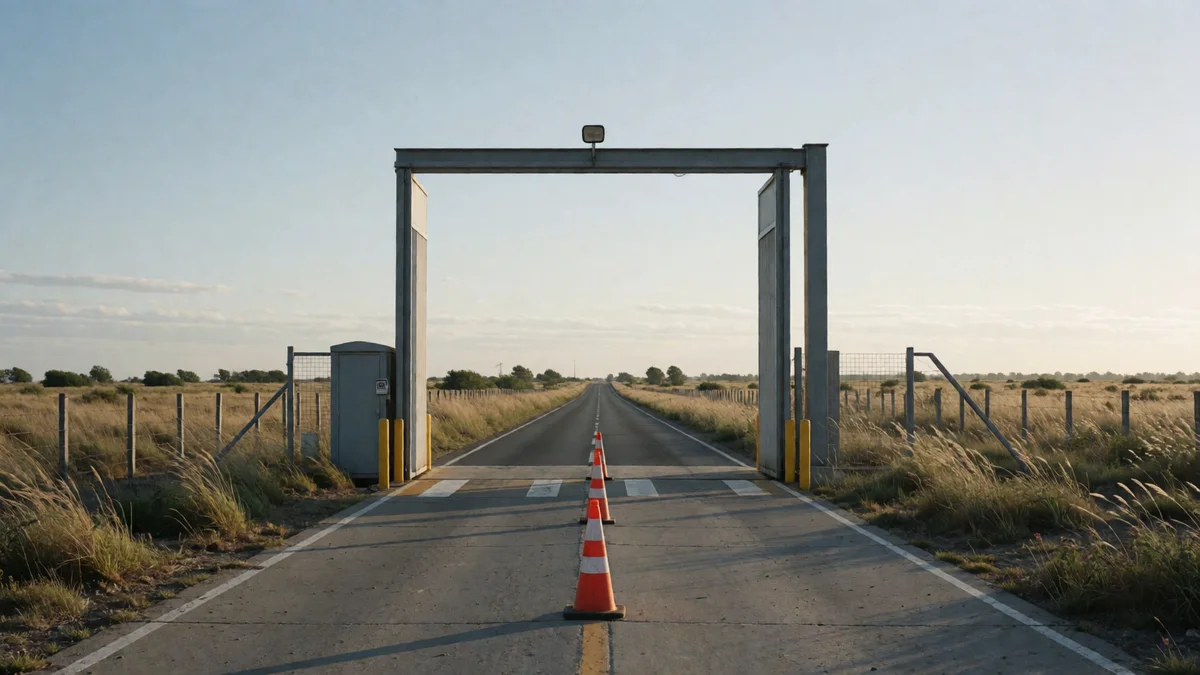 Portón abierto de un galpón de verificación técnica junto a una ruta del sur bonaerense, con conos y pastizal al viento.