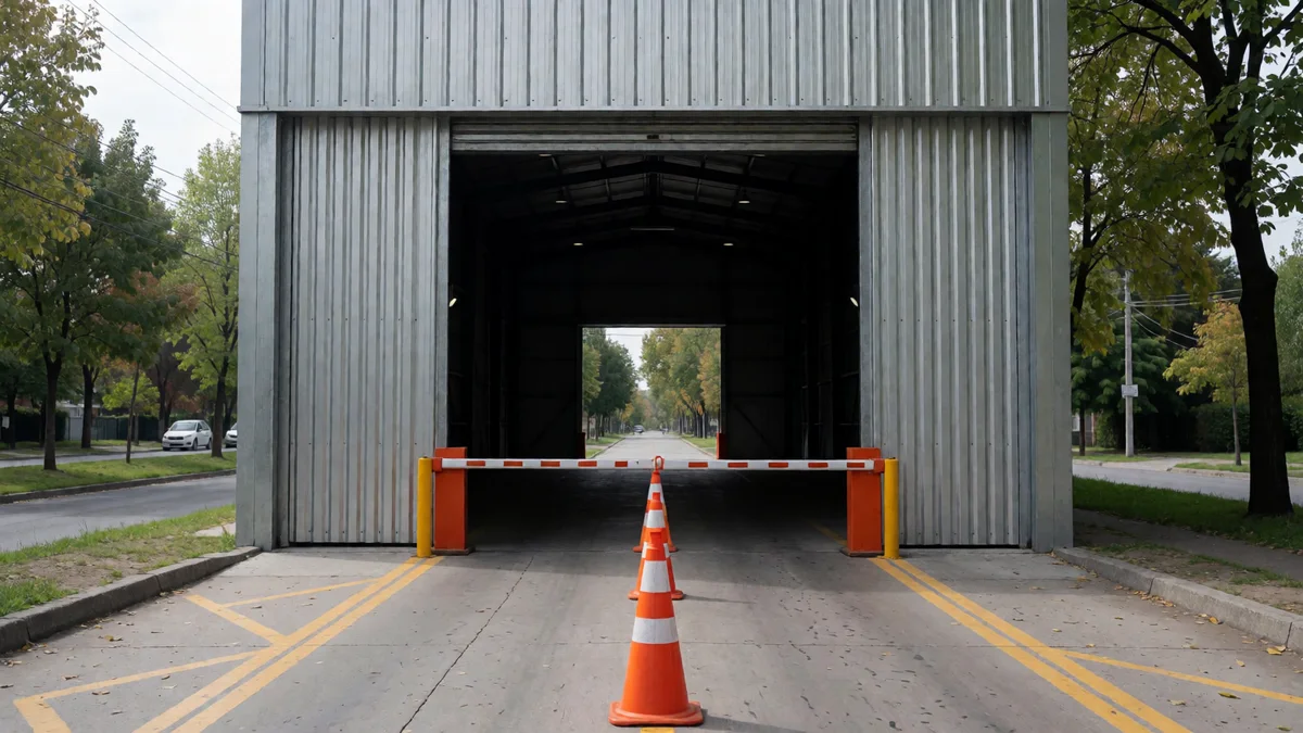 Portón de chapa abierto de un galpón de verificación técnica con carril de acceso marcado por conos naranjas.