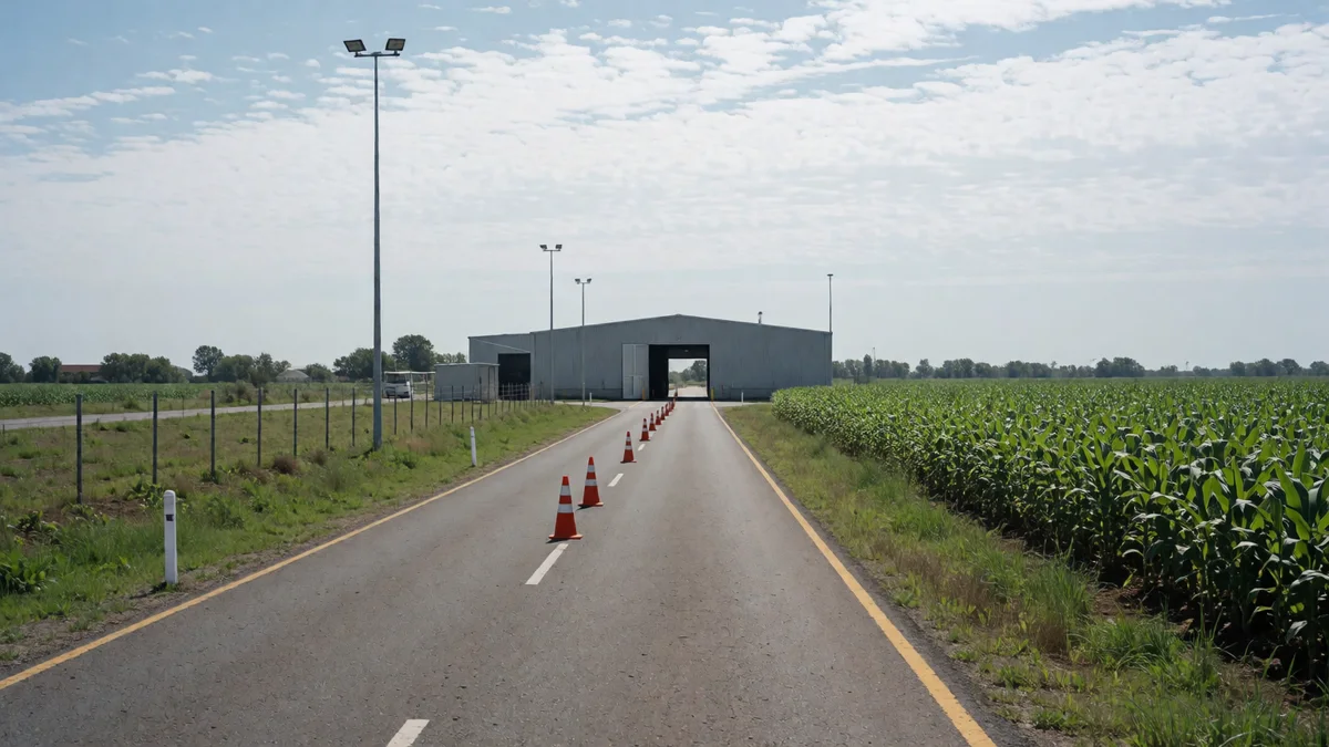 Acceso a una planta de verificación técnica sobre una ruta pampeana, con alambrado, un lote de soja y la nave de chapa al fondo.