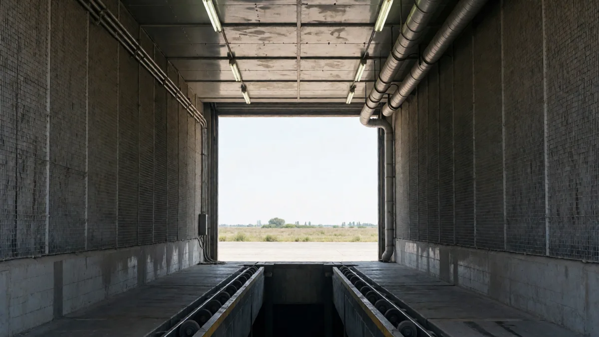 Vista desde el foso de inspección de una nave de verificación técnica vacía, con rodillos de frenos y techo de chapa iluminado.
