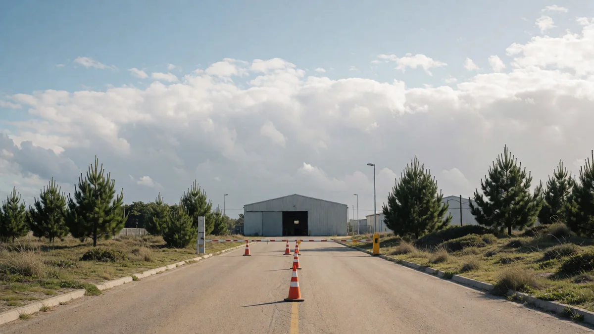Carril de acceso con conos a una planta de verificación entre médanos y pinos de la costa atlántica.