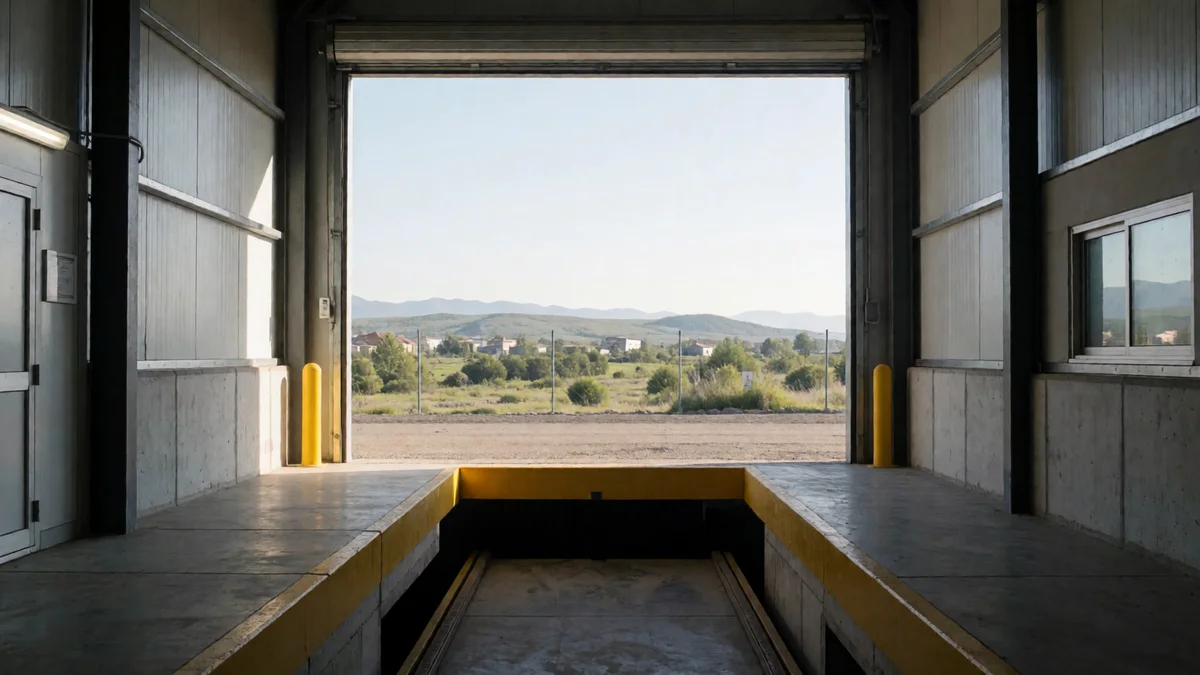 Interior de una nave de verificación con foso de inspección y, por el portón abierto, sierras bajo un cielo limpio.