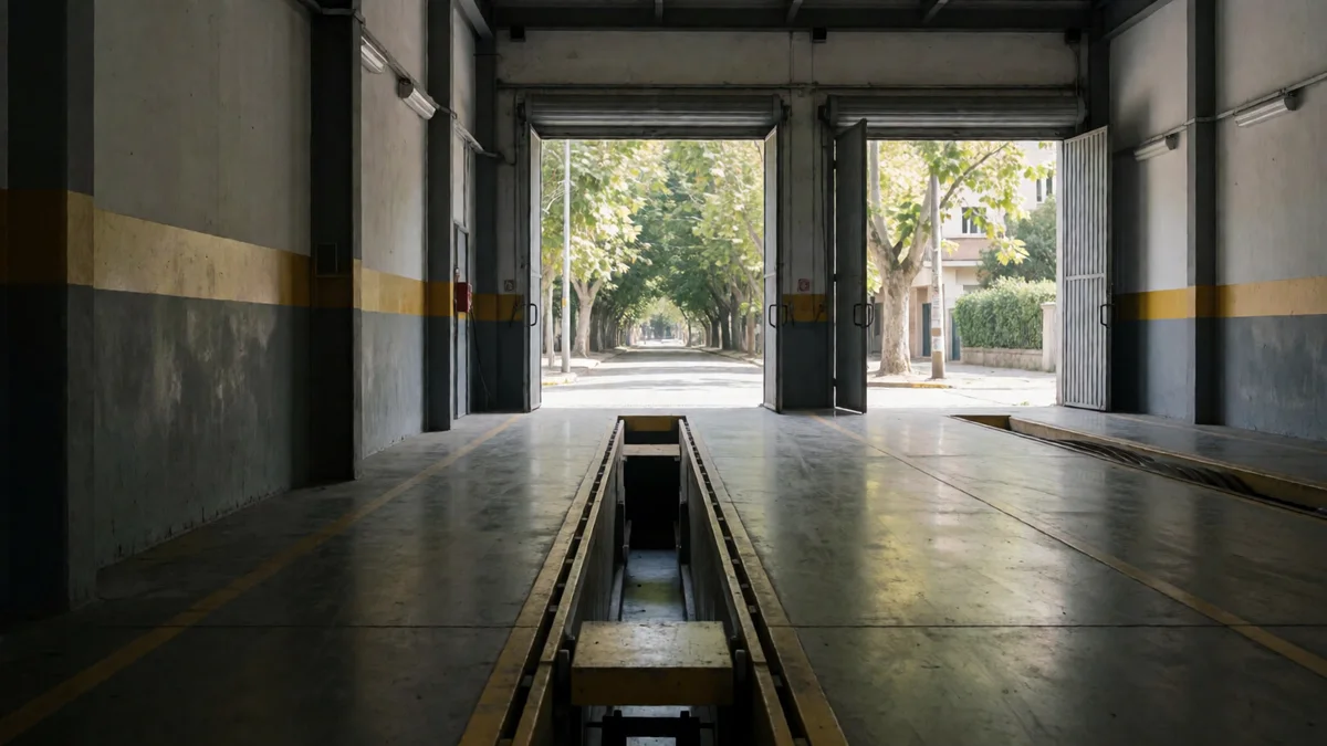 Nave de verificación técnica vacía con foso de inspección y banco de rodillos, con los portones abiertos hacia una calle arbolada.