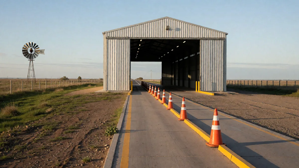 Galpón de verificación técnica con portón abierto y conos al costado de una ruta pampeana, con un molino lejano.