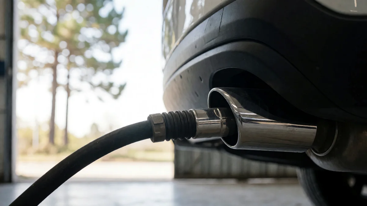 Sonda de analizador de gases insertada en el caño de escape de un auto, en primer plano, dentro de una planta de verificación.