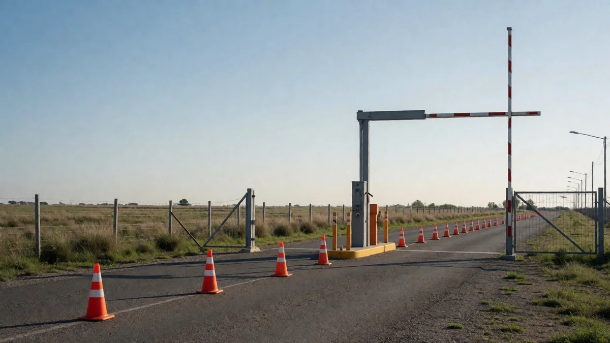 Carril de ingreso con conos y portón abierto de una planta de verificación junto a una ruta bonaerense.