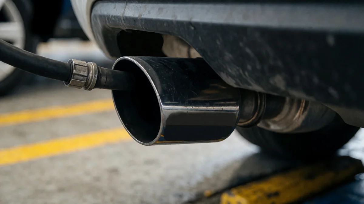 Sonda de un analizador de gases introducida en el caño de escape de un auto, en primer plano dentro de una planta de verificación.