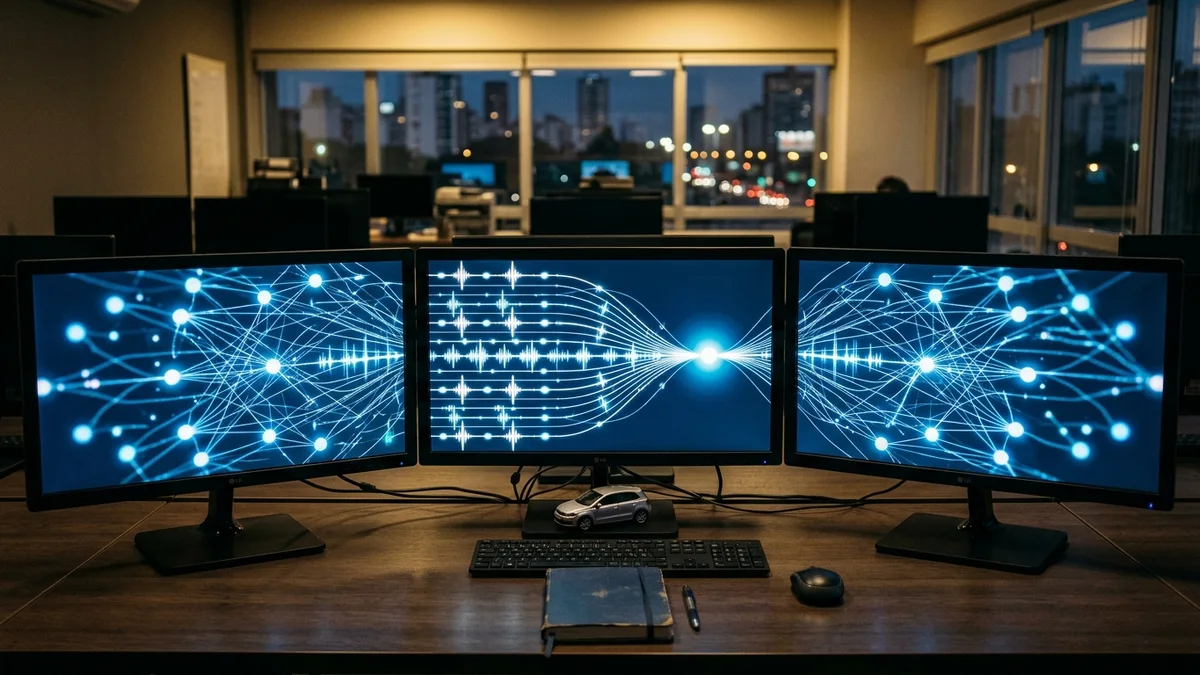 Centro de operaciones de flota con monitores y conexiones de datos abstractas