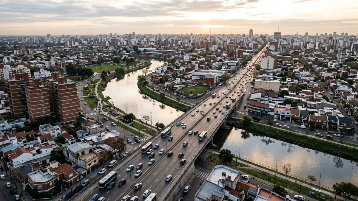 Corredor urbano de la Zona Sur del AMBA que cruza un puente y distintos tejidos municipales